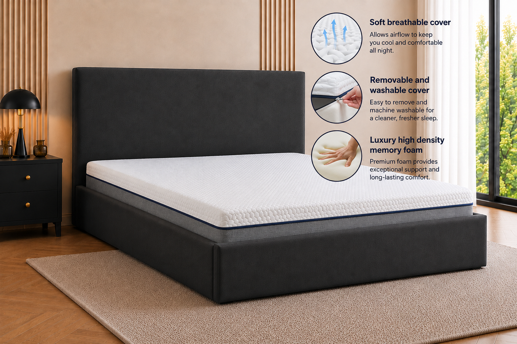 Cosy Oxford Velvet Bed Frame | No Storage | Minimalist Headboard | Double & King | Black, Beige, Grey