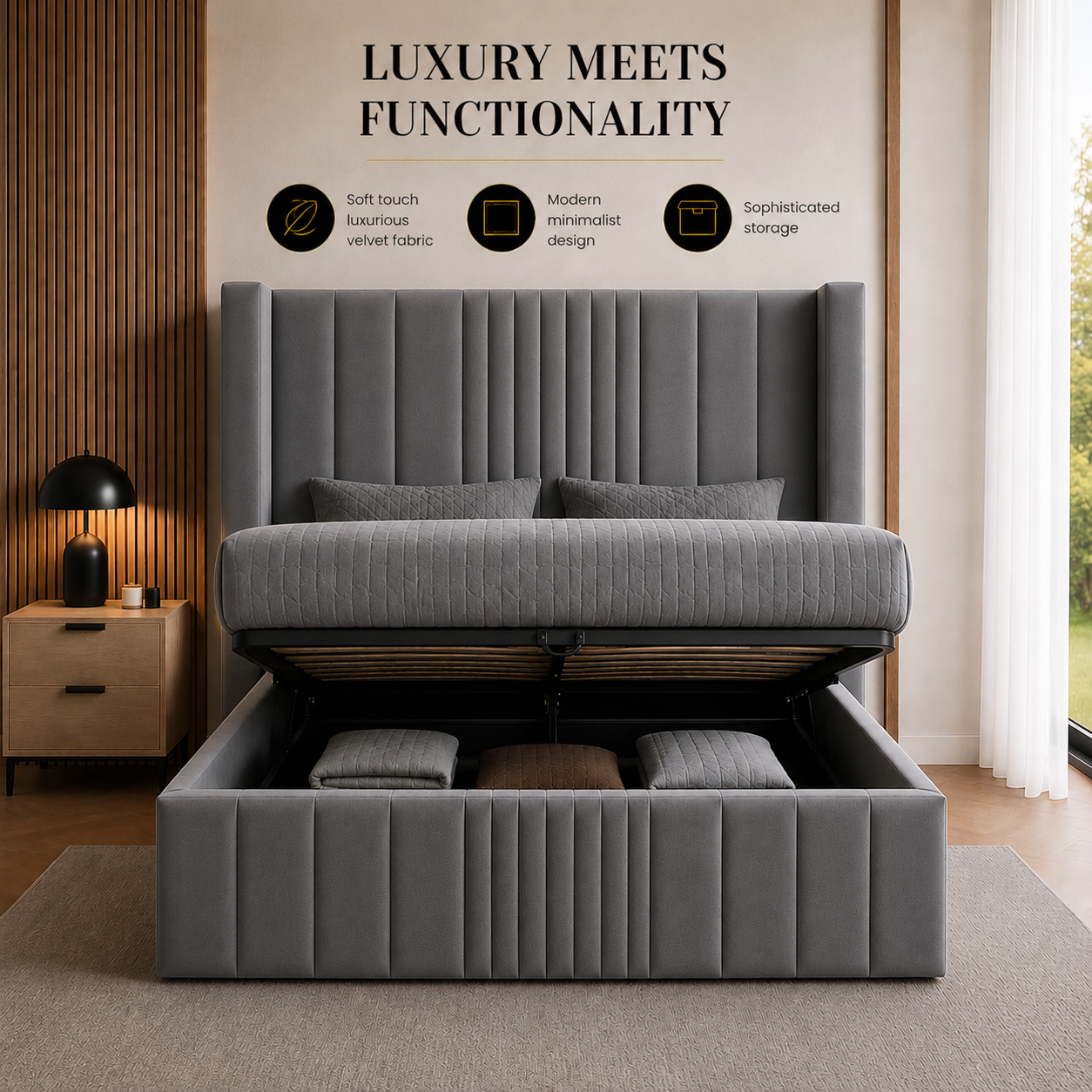 Wingback Fluted Gas Lift Ottoman Bed Frame with Floor Standing Headboard in Plush Velvet (3-Year Warranty)