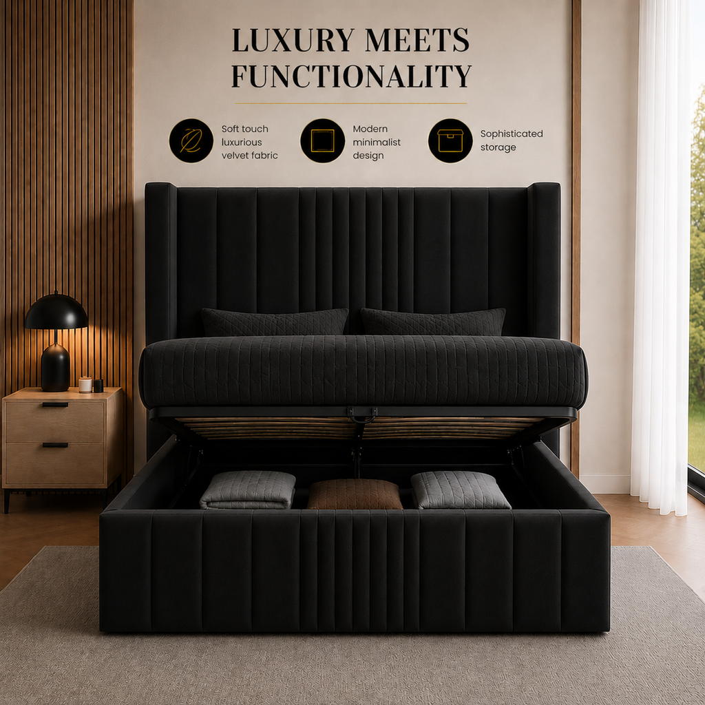 Wingback Fluted Gas Lift Ottoman Bed Frame with Floor Standing Headboard in Plush Velvet (3-Year Warranty)