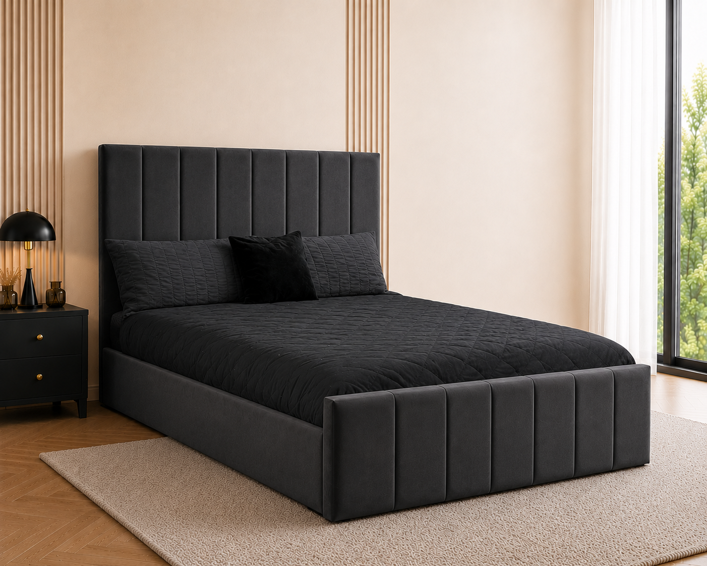 Panelled Gas Lift Ottoman Bed Frame with Floor Standing Headboard in Plush Velvet (3-Year Warranty)
