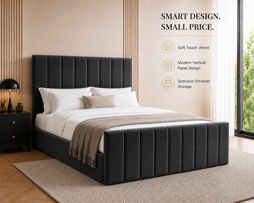 Panelled Gas Lift Ottoman Bed Frame with Floor Standing Headboard in Plush Velvet (3-Year Warranty)