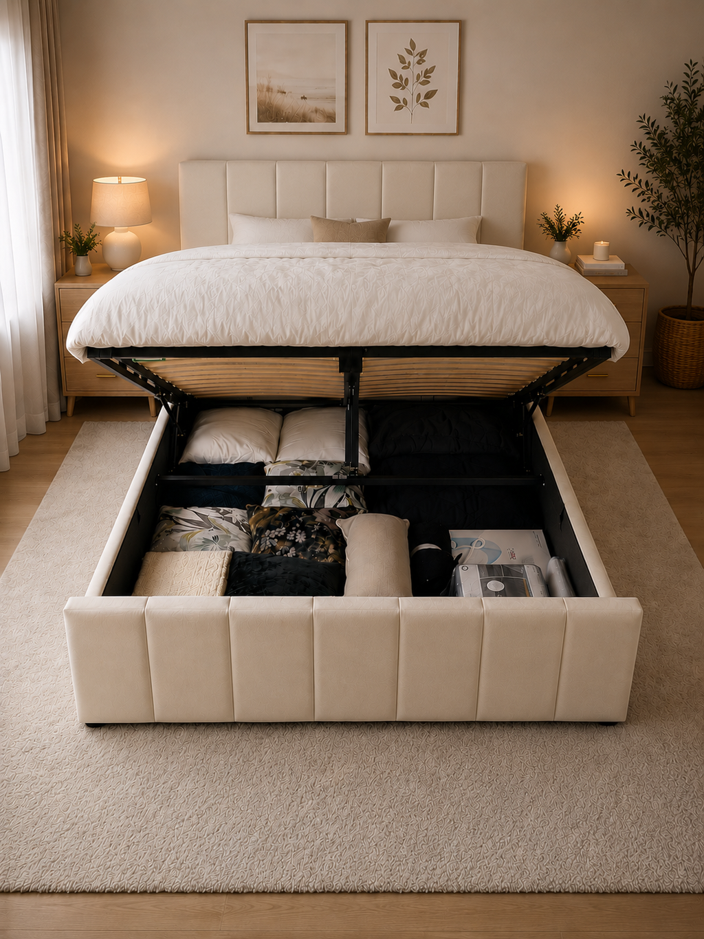 Panelled Gas Lift Ottoman Bed Frame with Floor Standing Headboard in Plush Velvet (3-Year Warranty)