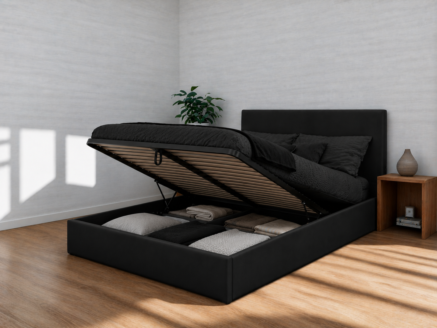 Plain Upholstered Gas Lift Ottoman Bed Frame with Floor Standing Headboard in Plush Velvet (3-Year Warranty)