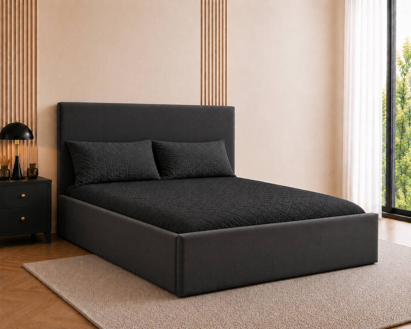 Cosy Oxford Velvet Bed Frame | No Storage | Minimalist Headboard | Double & King | Black, Beige, Grey