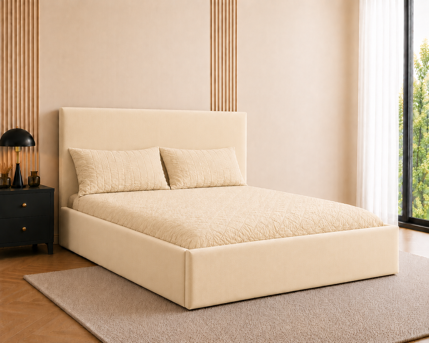 Cosy Oxford Velvet Bed Frame | No Storage | Minimalist Headboard | Double & King | Black, Beige, Grey