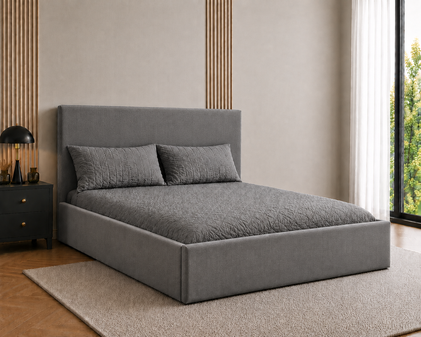 Plain Upholstered Gas Lift Ottoman Bed Frame with Floor Standing Headboard in Plush Velvet (3-Year Warranty)