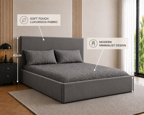 Cosy Oxford Velvet Bed Frame | No Storage | Minimalist Headboard | Double & King | Black, Beige, Grey