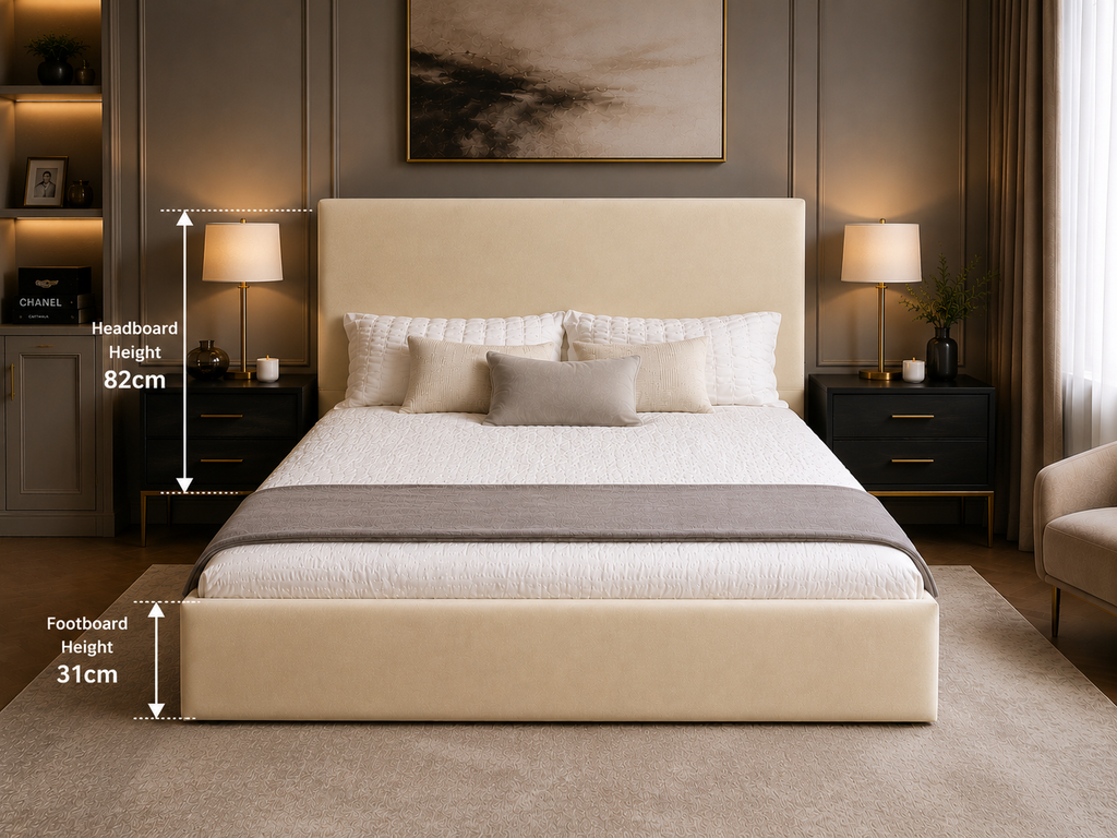 Plain Upholstered Gas Lift Ottoman Bed Frame with Floor Standing Headboard in Plush Velvet (3-Year Warranty)
