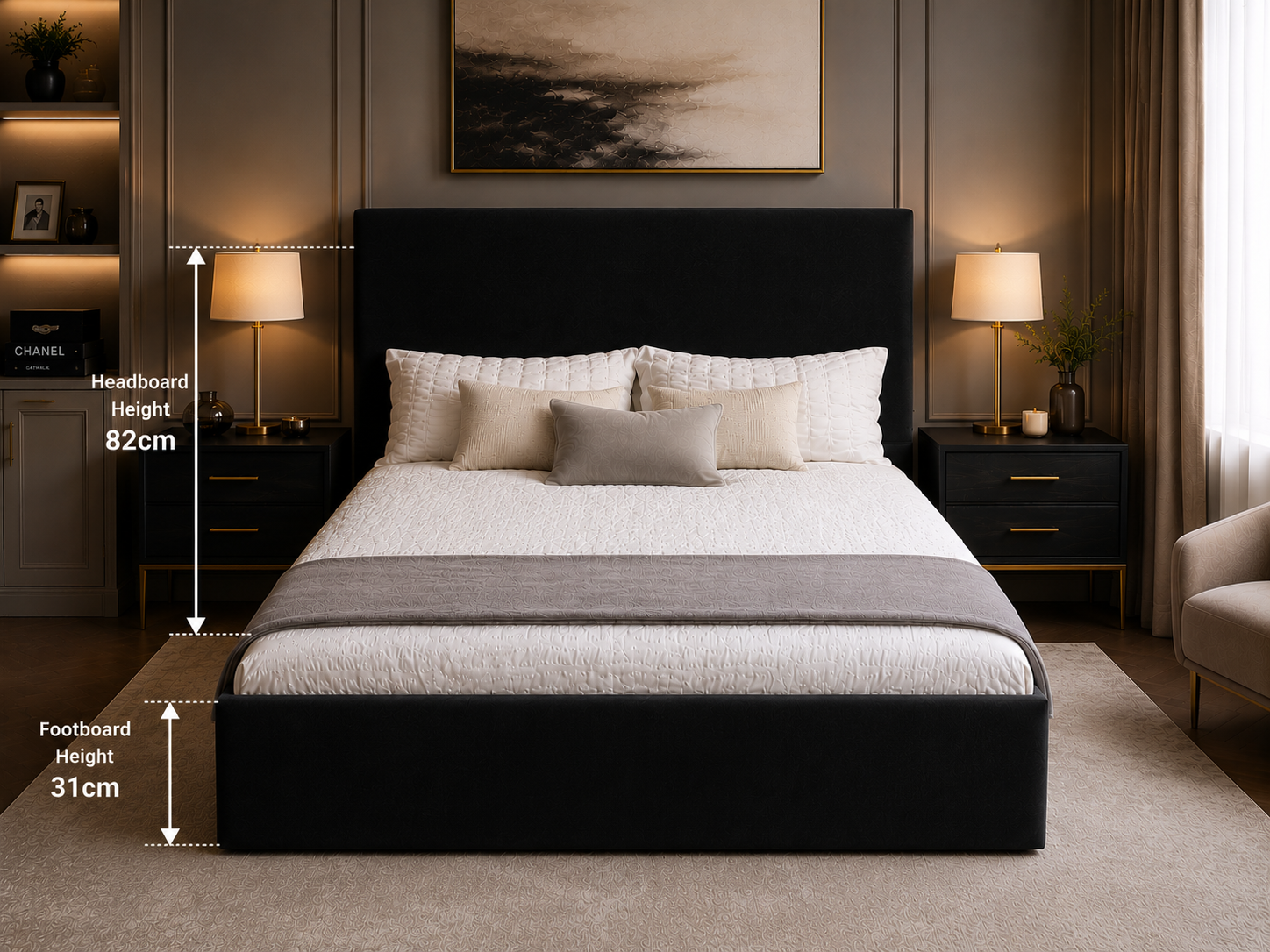 Plain Upholstered Gas Lift Ottoman Bed Frame with Floor Standing Headboard in Plush Velvet (3-Year Warranty)