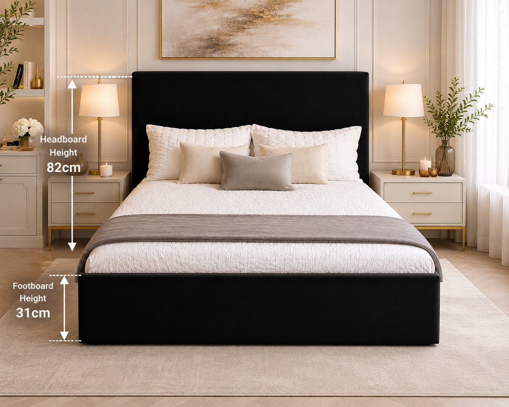 Plain Upholstered Gas Lift Ottoman Bed Frame with Floor Standing Headboard in Plush Velvet (3-Year Warranty)