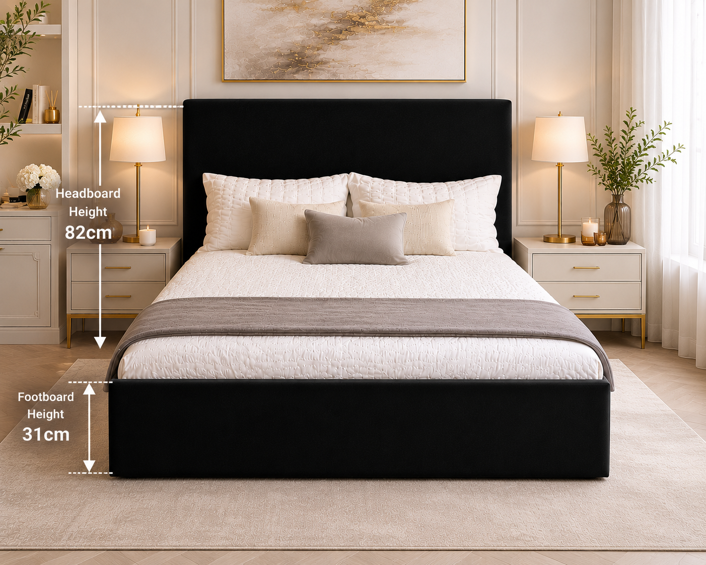 Plain Upholstered Gas Lift Ottoman Bed Frame with Floor Standing Headboard in Plush Velvet (3-Year Warranty)