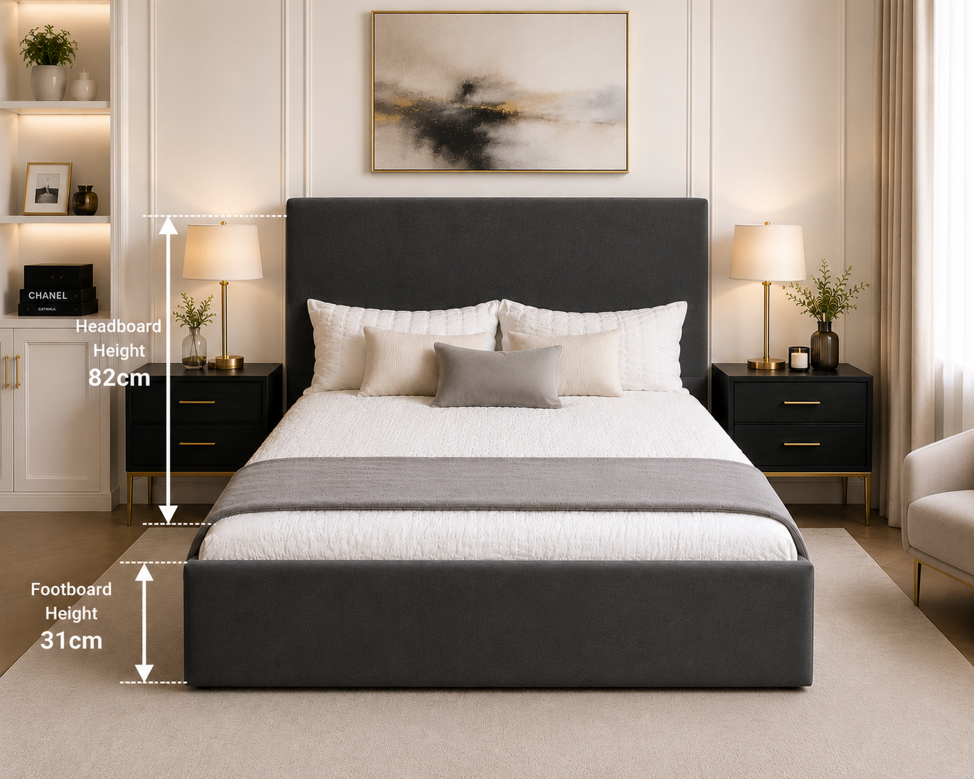 Plain Upholstered Gas Lift Ottoman Bed Frame with Floor Standing Headboard in Plush Velvet (3-Year Warranty)