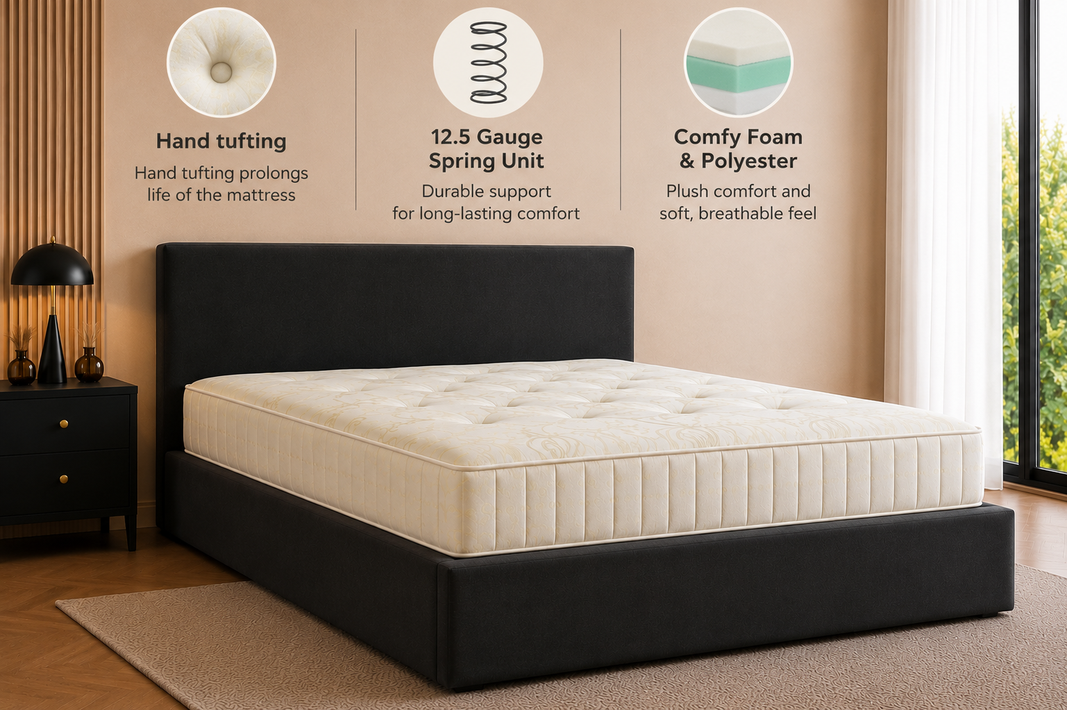 Cosy Oxford Velvet Bed Frame | No Storage | Minimalist Headboard | Double & King | Black, Beige, Grey