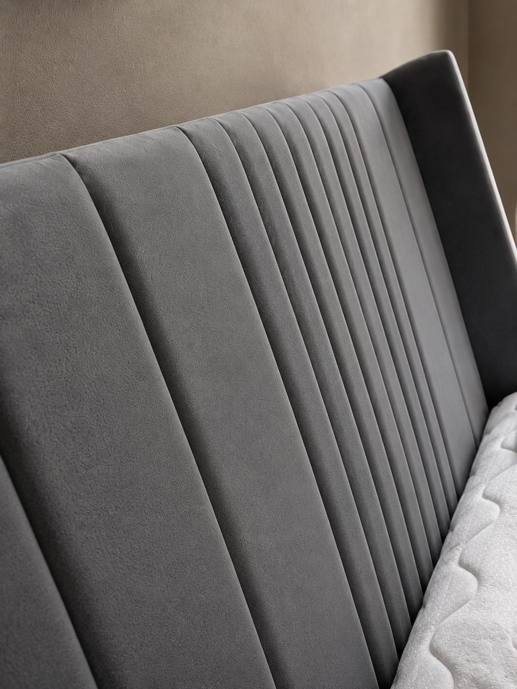 Wingback Fluted Gas Lift Ottoman Bed Frame with Floor Standing Headboard in Plush Velvet (3-Year Warranty)