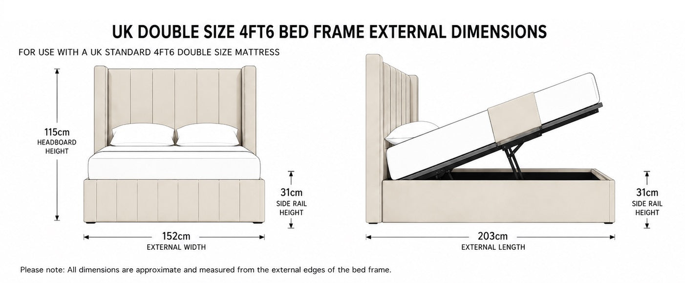 Wingback Panelled Gas Lift Ottoman Bed Frame with Floor Standing Headboard in Plush Velvet (3-Year Warranty)