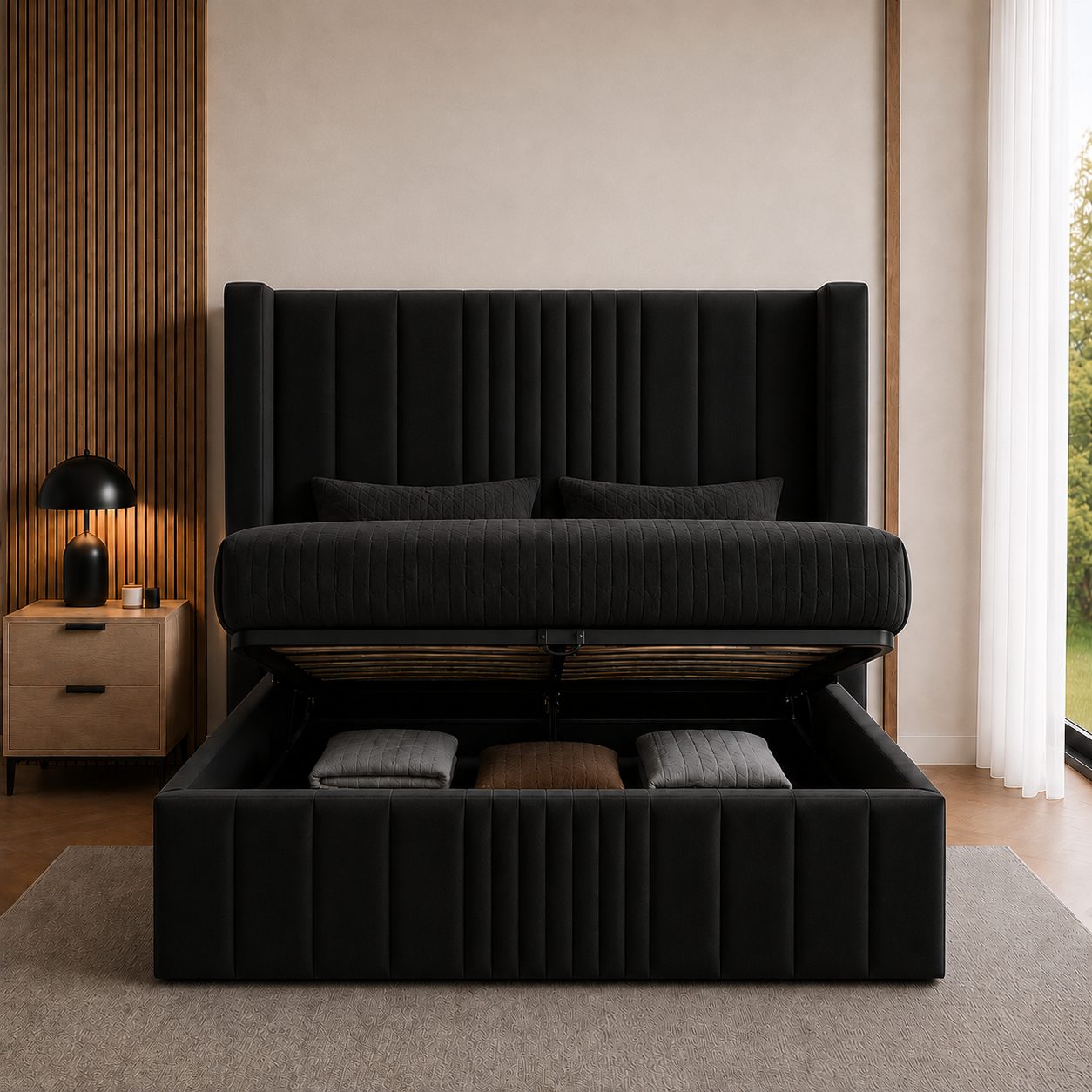 Wingback Fluted Gas Lift Ottoman Bed Frame with Floor Standing Headboard in Plush Velvet (3-Year Warranty)
