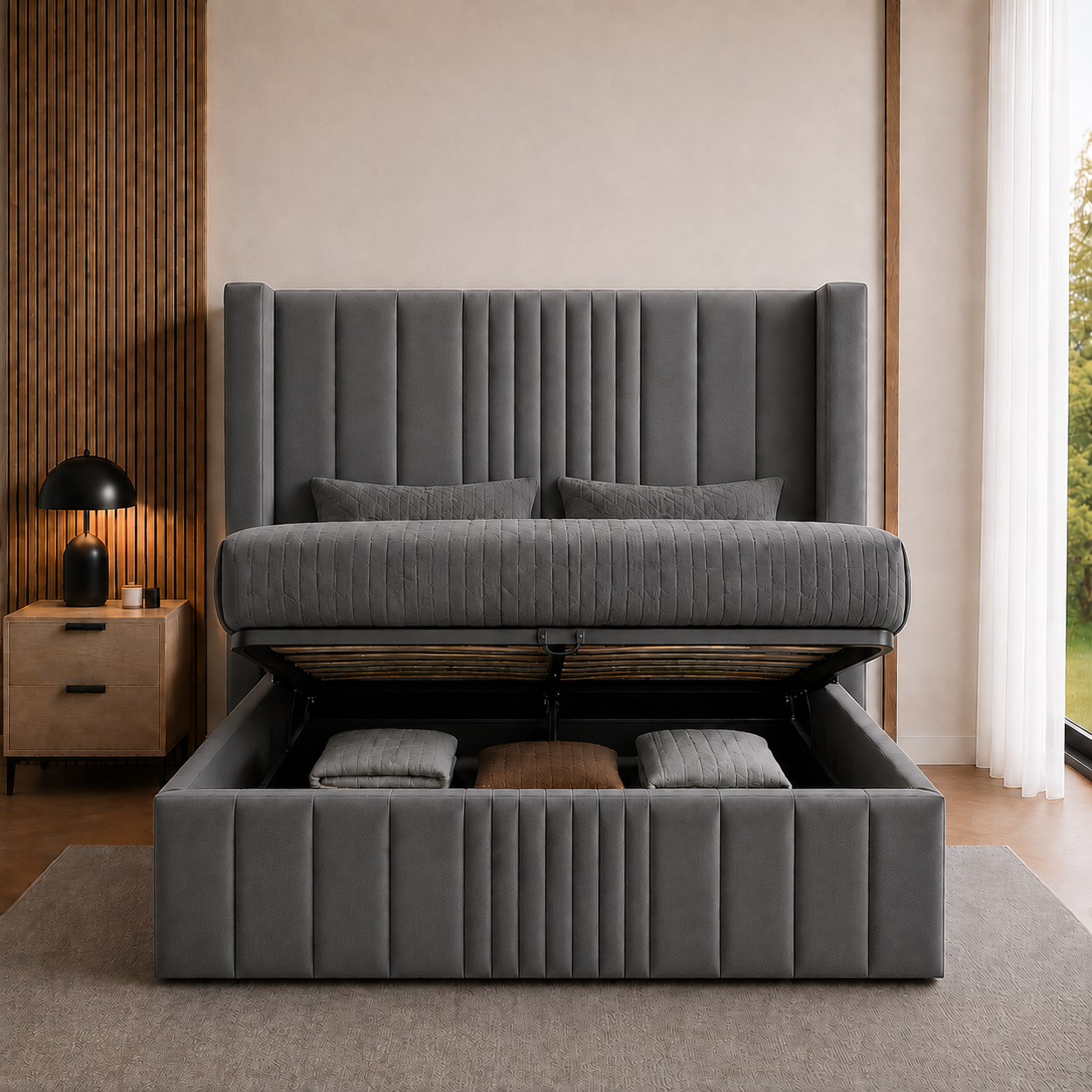 Wingback Fluted Gas Lift Ottoman Bed Frame with Floor Standing Headboard in Plush Velvet (3-Year Warranty)