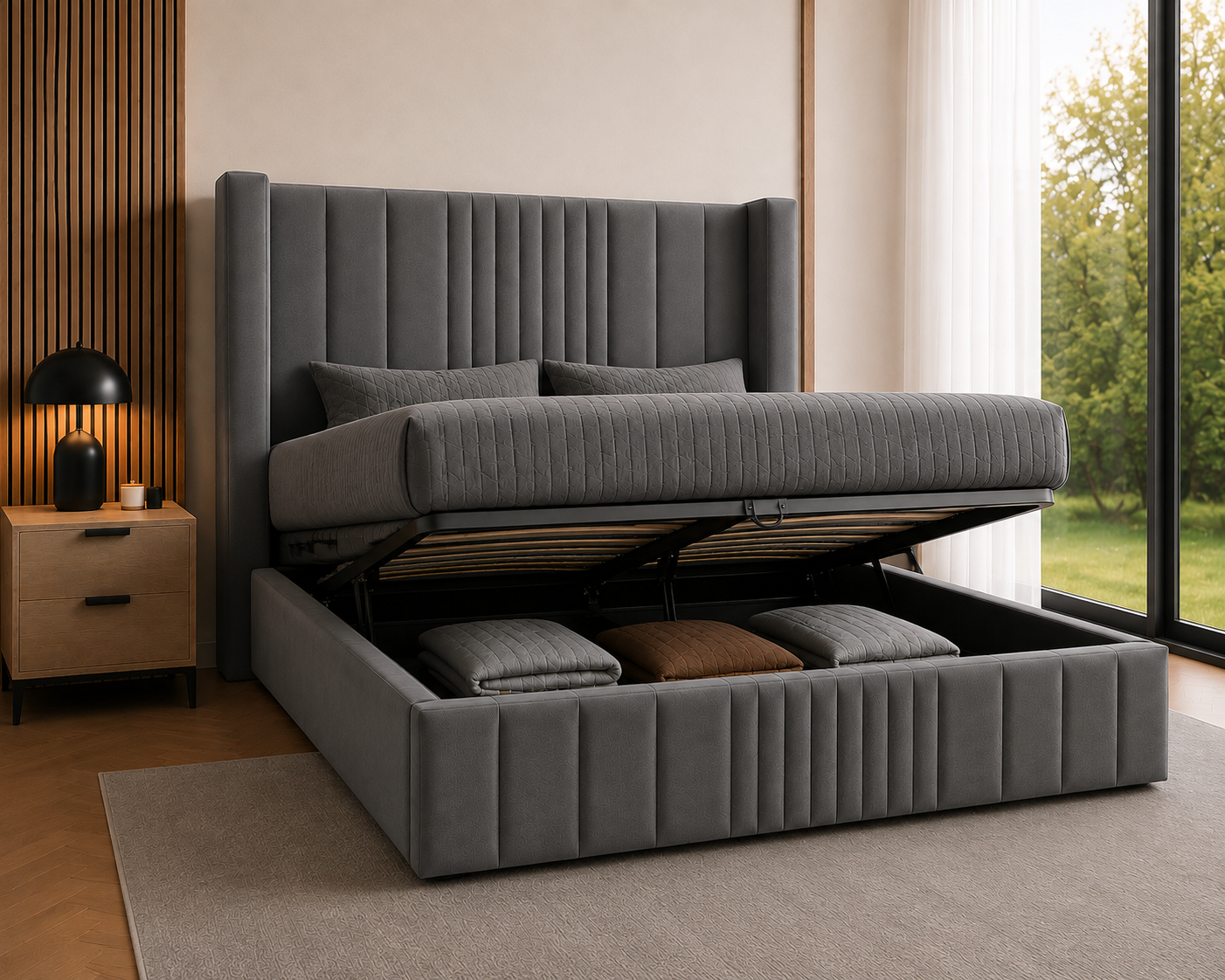 Wingback Fluted Gas Lift Ottoman Bed Frame with Floor Standing Headboard in Plush Velvet (3-Year Warranty)