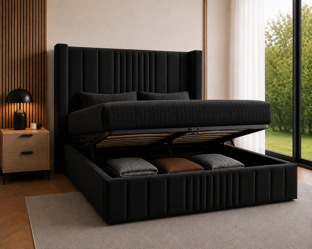 Wingback Fluted Gas Lift Ottoman Bed Frame with Floor Standing Headboard in Plush Velvet (3-Year Warranty)