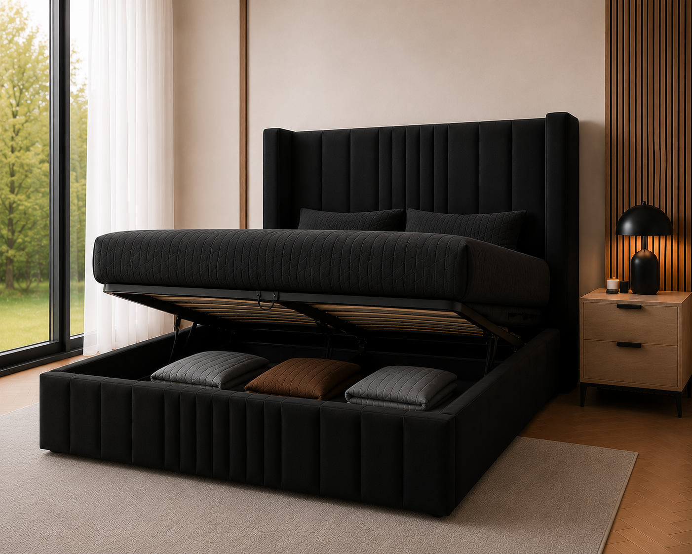 Wingback Fluted Gas Lift Ottoman Bed Frame with Floor Standing Headboard in Plush Velvet (3-Year Warranty)
