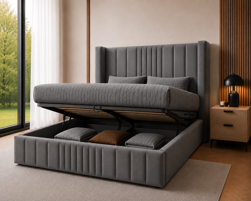 Wingback Fluted Gas Lift Ottoman Bed Frame with Floor Standing Headboard in Plush Velvet (3-Year Warranty)