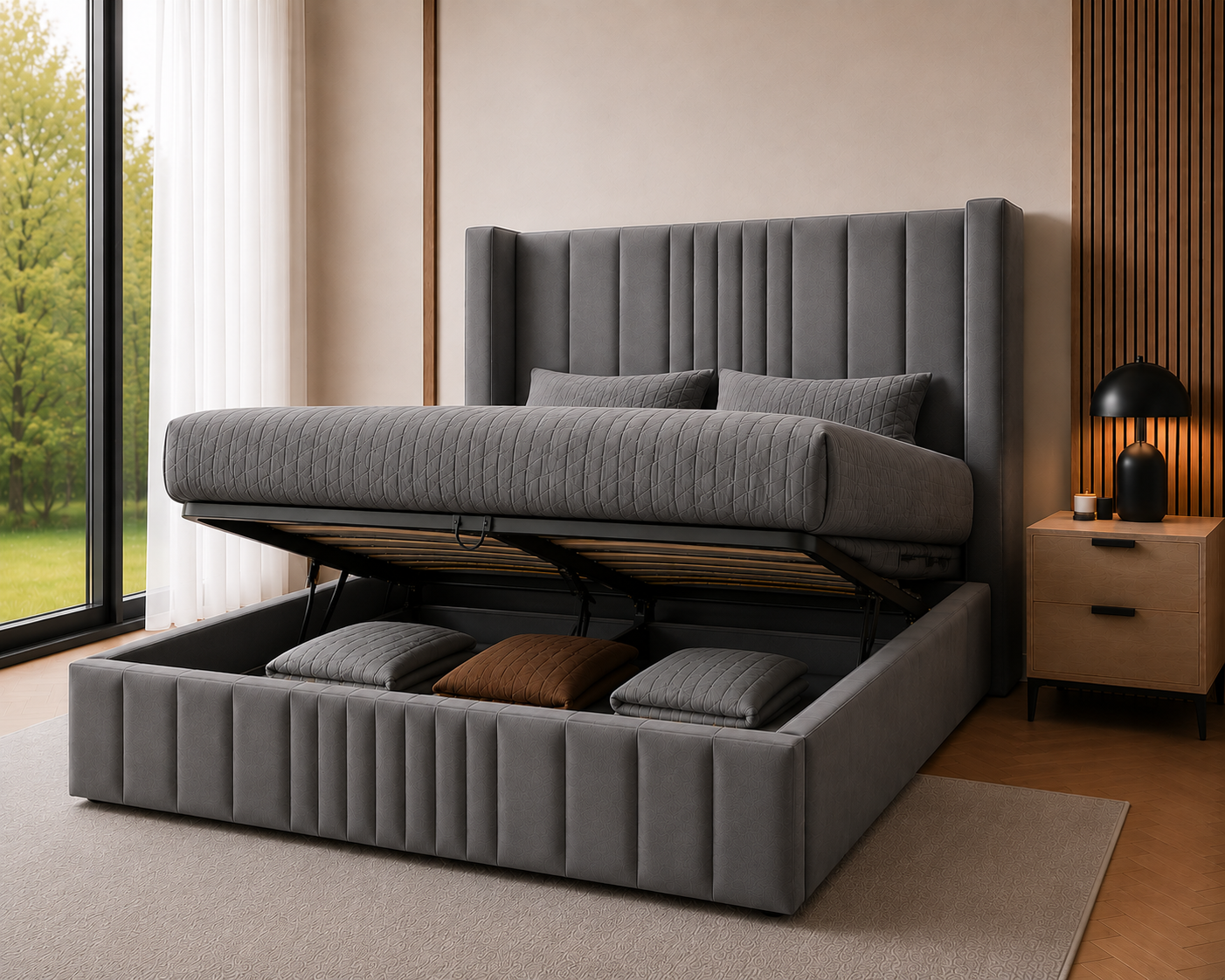 Wingback Fluted Gas Lift Ottoman Bed Frame with Floor Standing Headboard in Plush Velvet (3-Year Warranty)