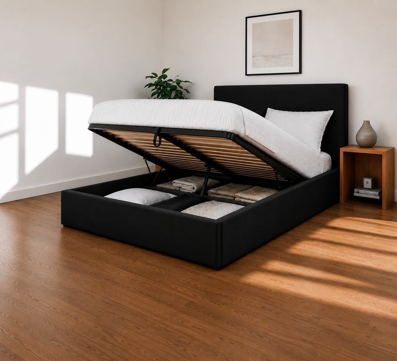 Plain Upholstered Gas Lift Ottoman Bed Frame with Floor Standing Headboard in Plush Velvet (3-Year Warranty)