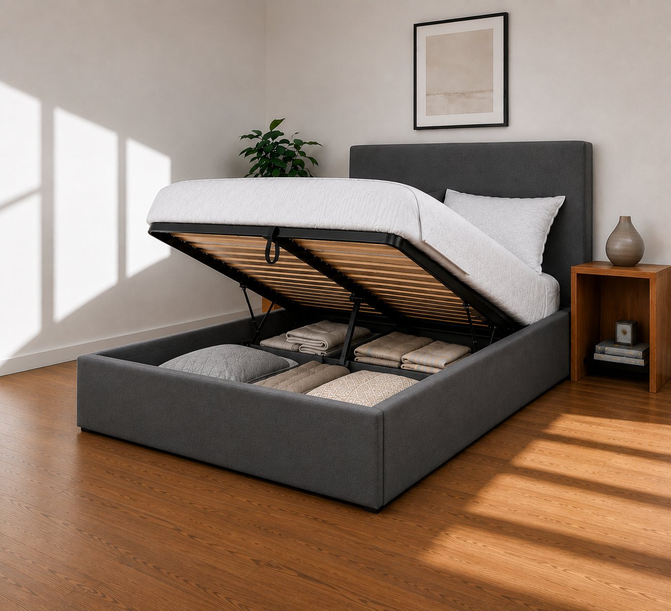 Plain Upholstered Gas Lift Ottoman Bed Frame with Floor Standing Headboard in Plush Velvet (3-Year Warranty)