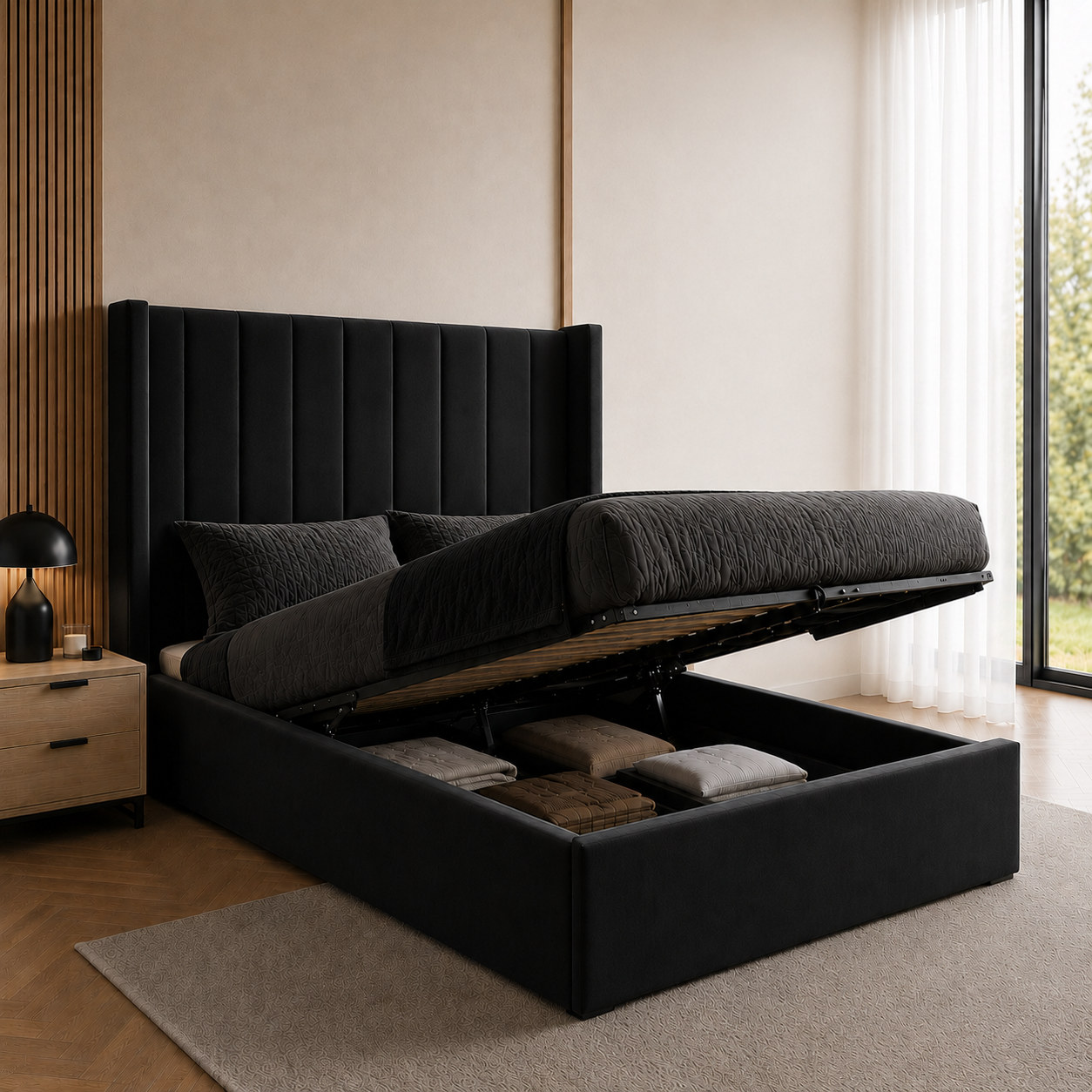 Wingback Panelled Gas Lift Ottoman Bed Frame with Floor Standing Headboard in Plush Velvet (3-Year Warranty)