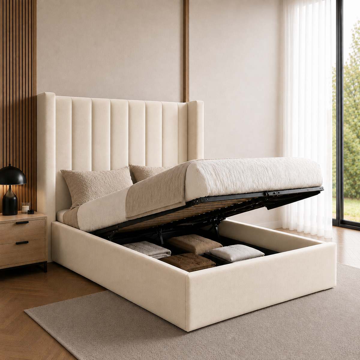 Wingback Panelled Gas Lift Ottoman Bed Frame with Floor Standing Headboard in Plush Velvet (3-Year Warranty)