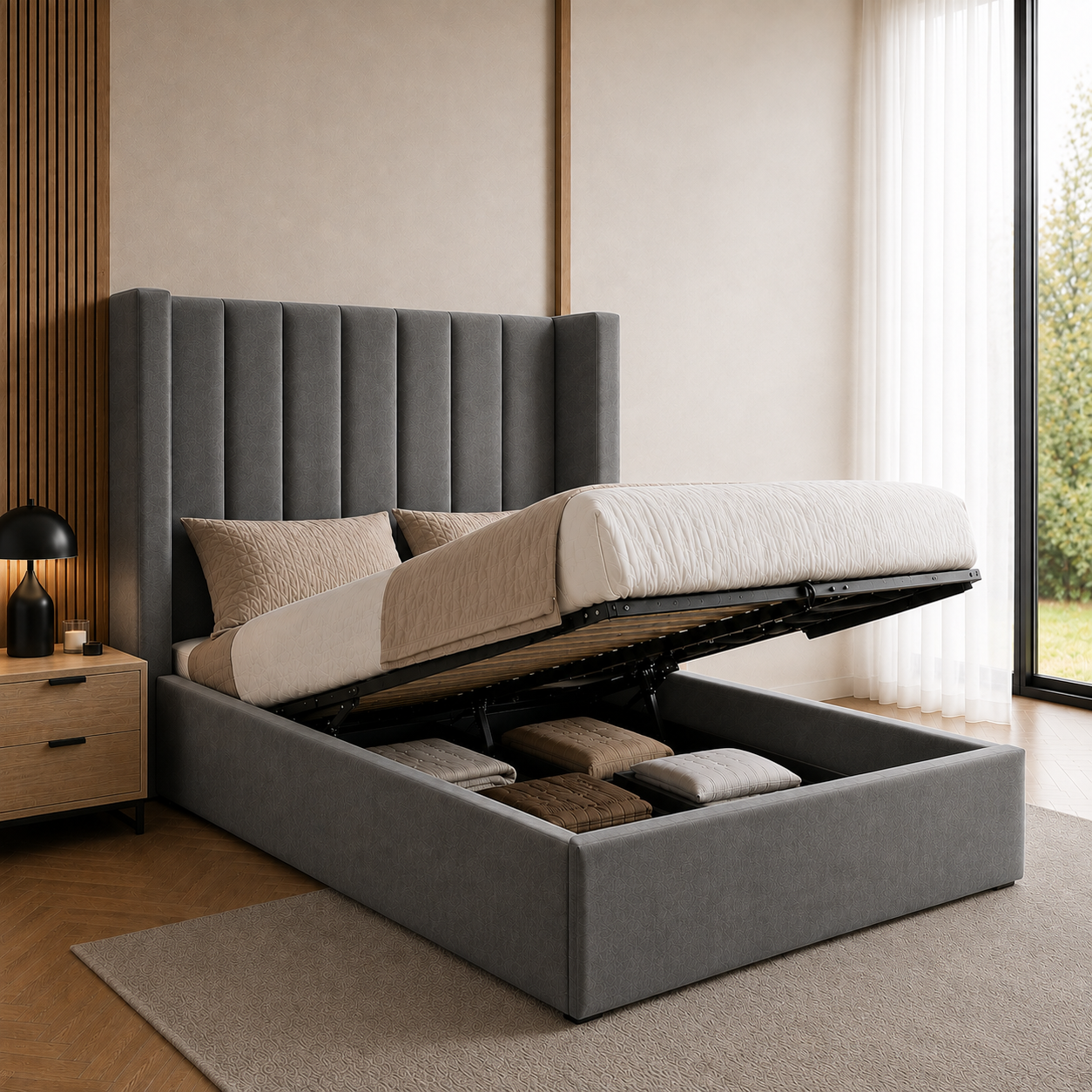 Wingback Panelled Gas Lift Ottoman Bed Frame with Floor Standing Headboard in Plush Velvet (3-Year Warranty)