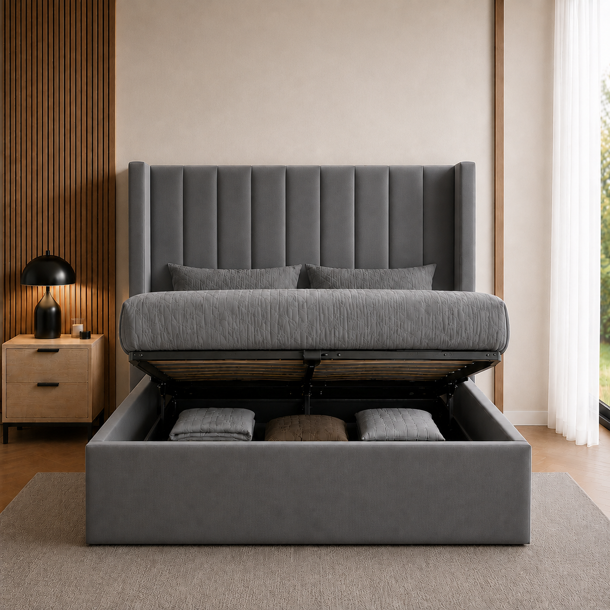 Wingback Panelled Gas Lift Ottoman Bed Frame with Floor Standing Headboard in Plush Velvet (3-Year Warranty)