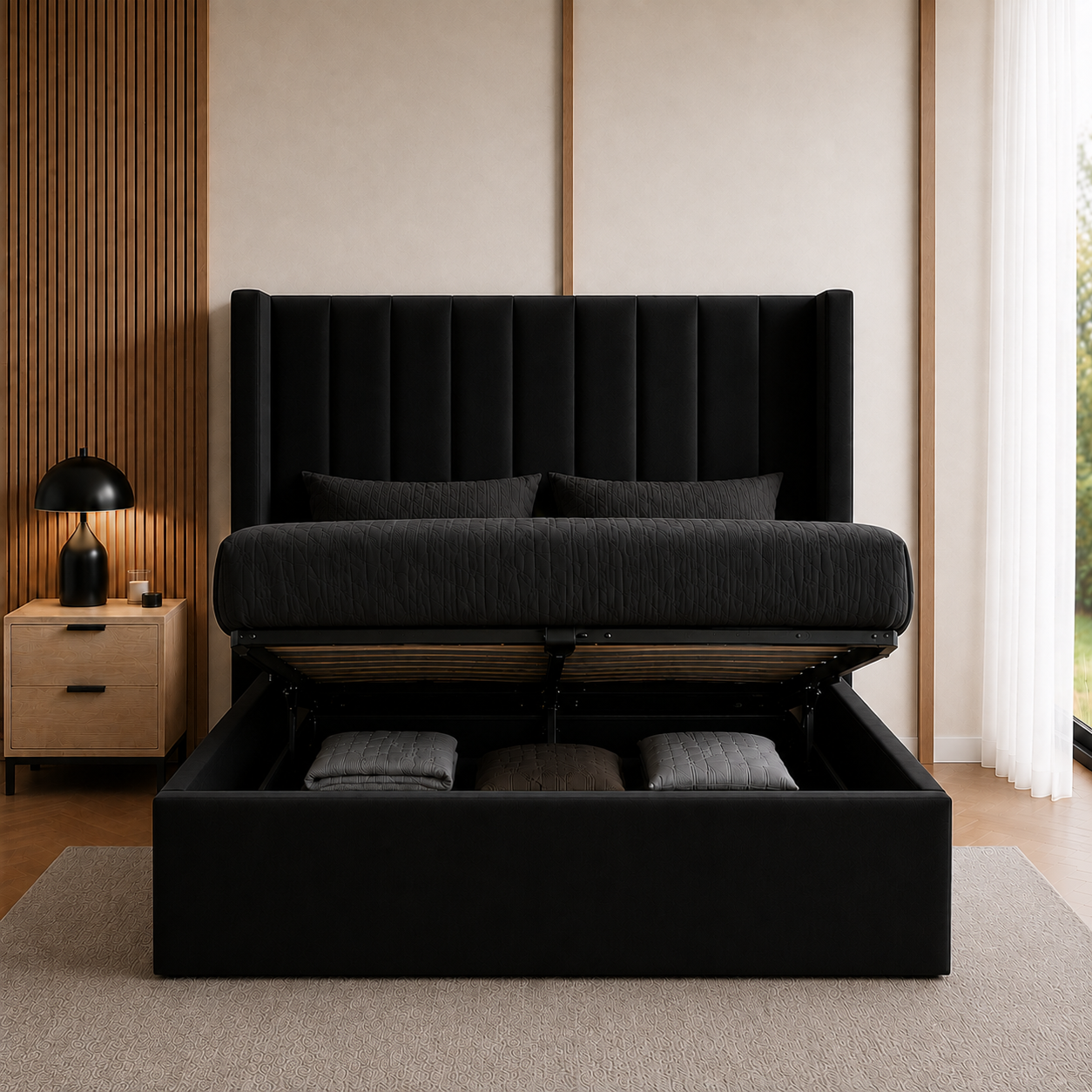 Wingback Panelled Gas Lift Ottoman Bed Frame with Floor Standing Headboard in Plush Velvet (3-Year Warranty)