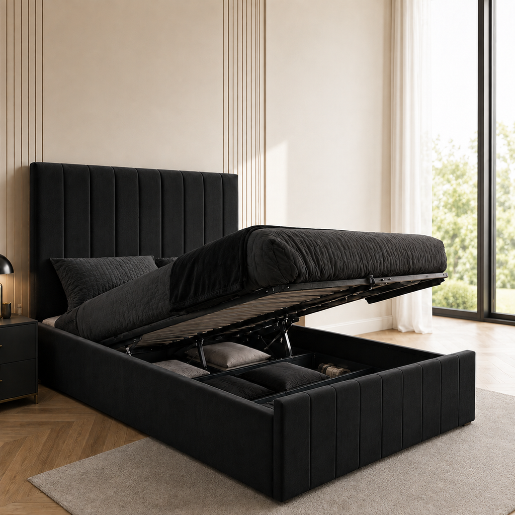 Panelled Gas Lift Ottoman Bed Frame with Floor Standing Headboard in Plush Velvet (3-Year Warranty)