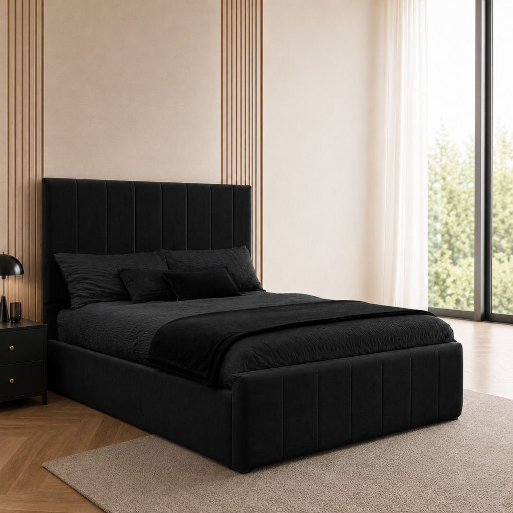 Panelled Gas Lift Ottoman Bed Frame with Floor Standing Headboard in Plush Velvet (3-Year Warranty)