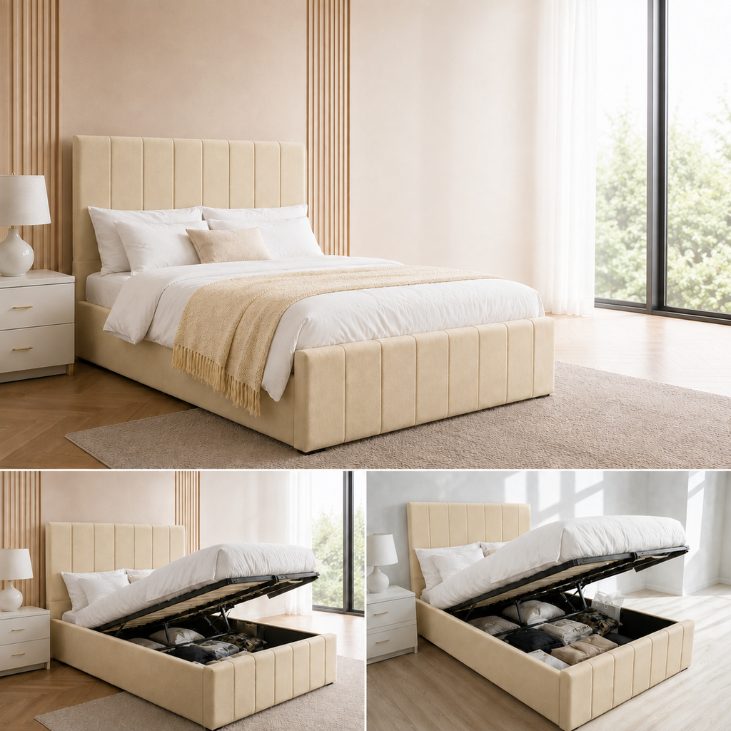 Panelled Gas Lift Ottoman Bed Frame with Floor Standing Headboard in Plush Velvet (3-Year Warranty)