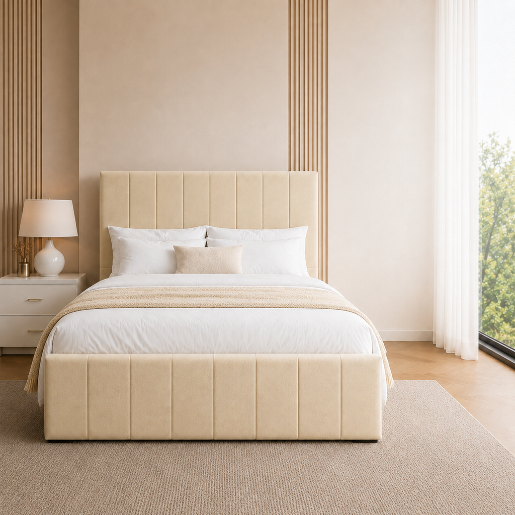 Panelled Gas Lift Ottoman Bed Frame with Floor Standing Headboard in Plush Velvet (3-Year Warranty)