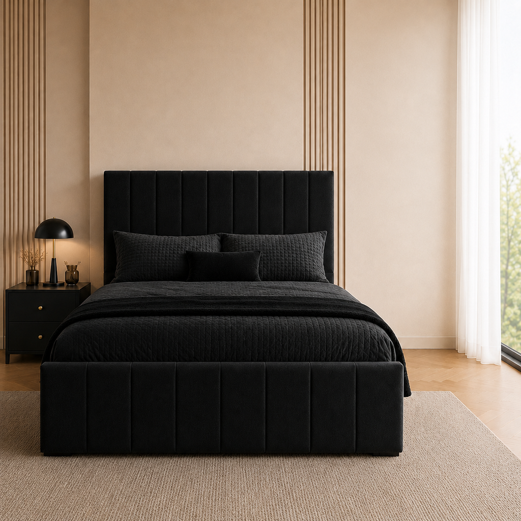 Panelled Gas Lift Ottoman Bed Frame with Floor Standing Headboard in Plush Velvet (3-Year Warranty)
