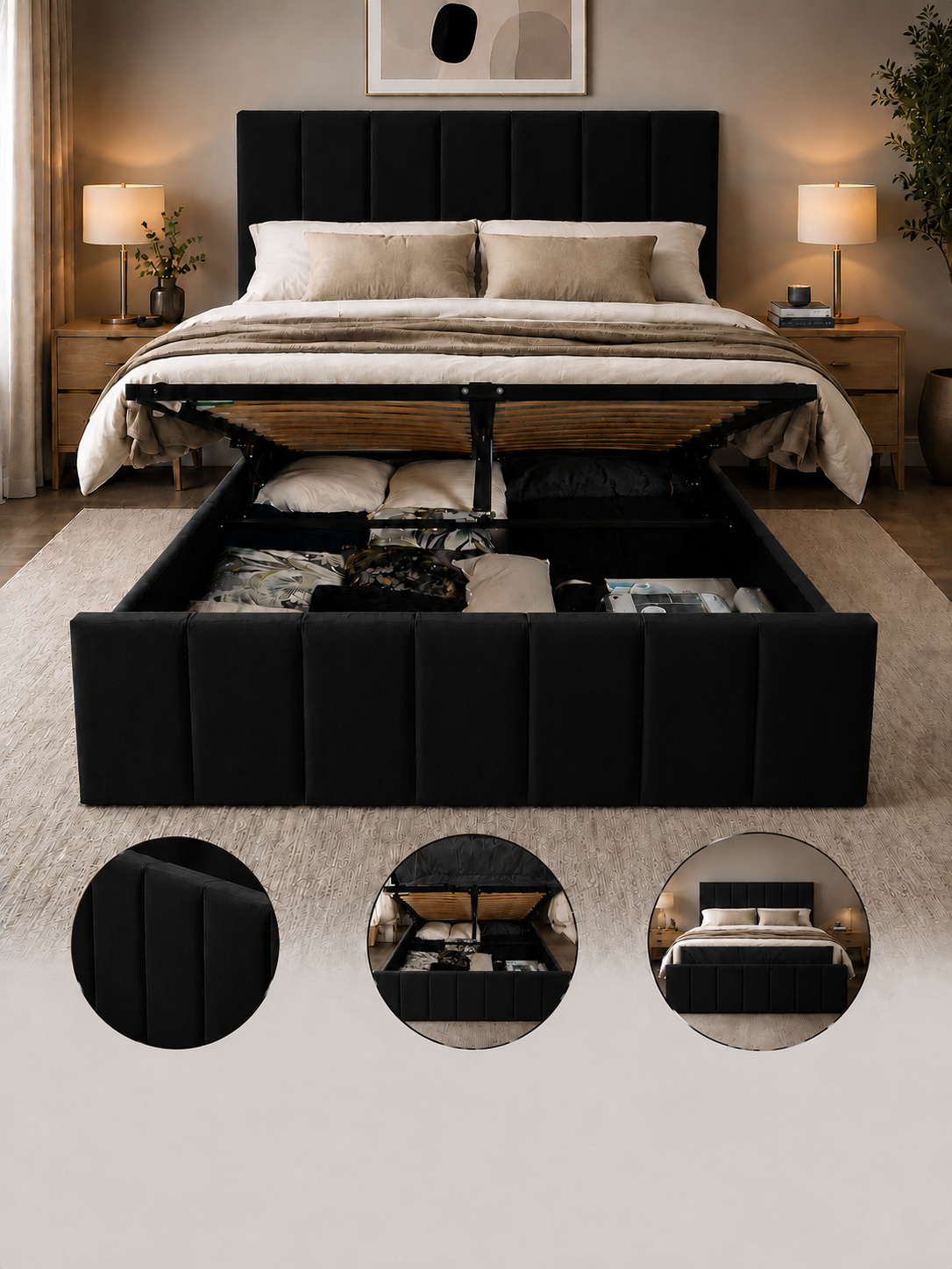 Panelled Gas Lift Ottoman Bed Frame with Floor Standing Headboard in Plush Velvet (3-Year Warranty)