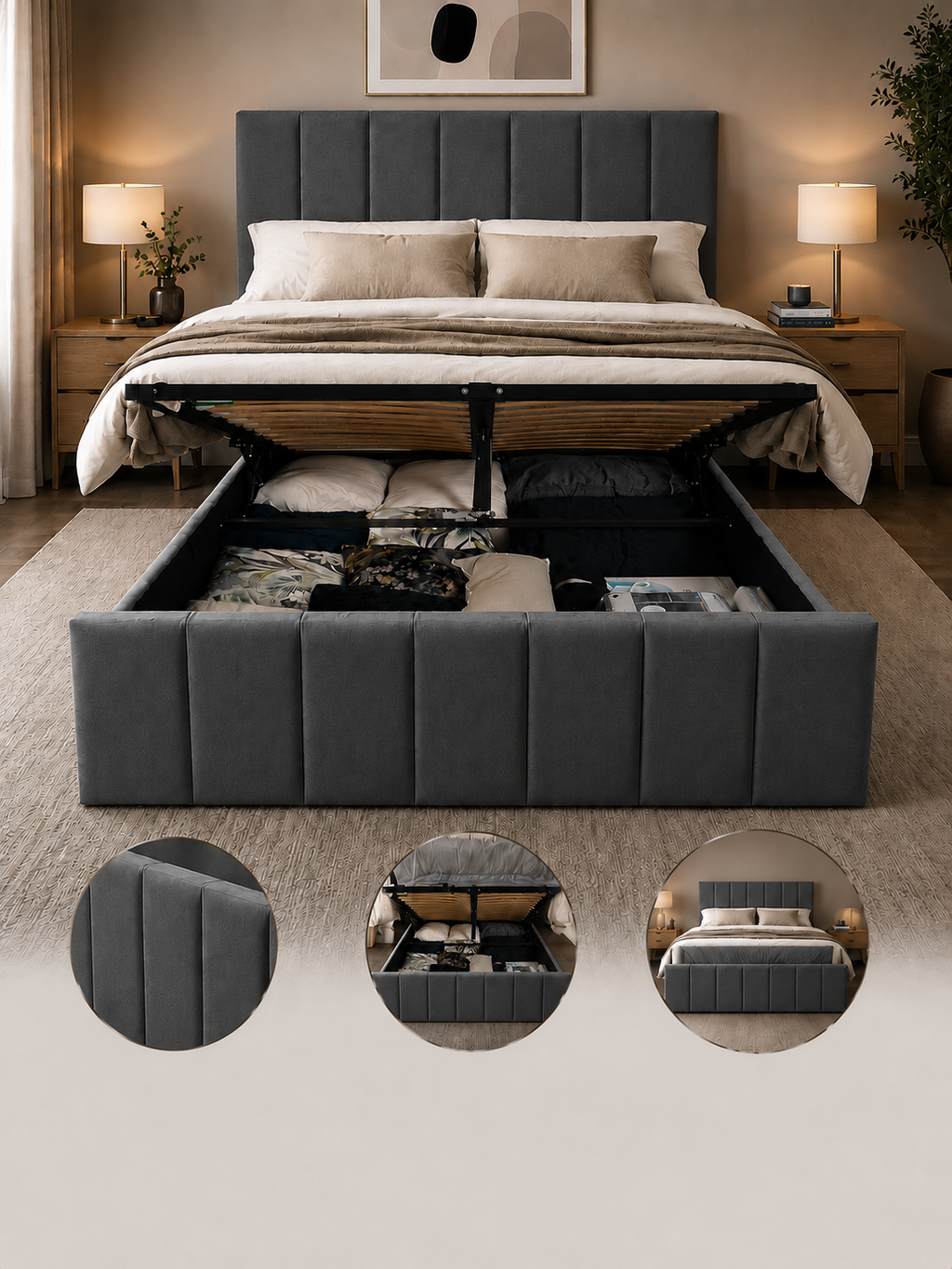 Panelled Gas Lift Ottoman Bed Frame with Floor Standing Headboard in Plush Velvet (3-Year Warranty)