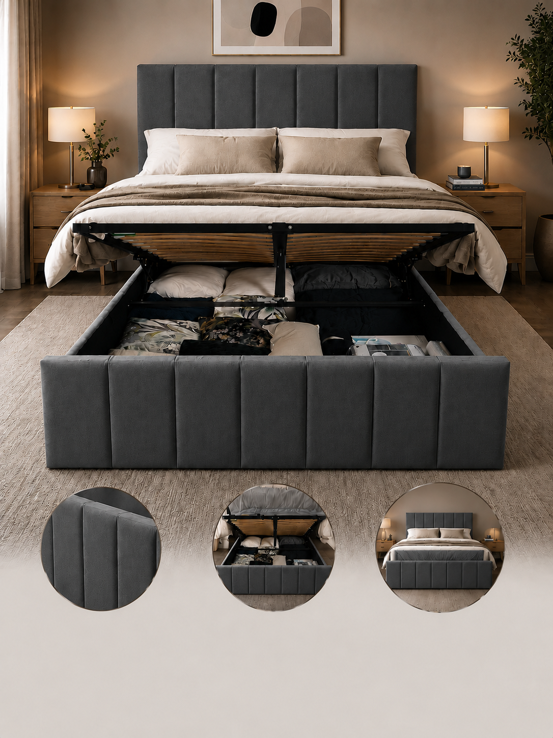 Panelled Gas Lift Ottoman Bed Frame with Floor Standing Headboard in Plush Velvet (3-Year Warranty)