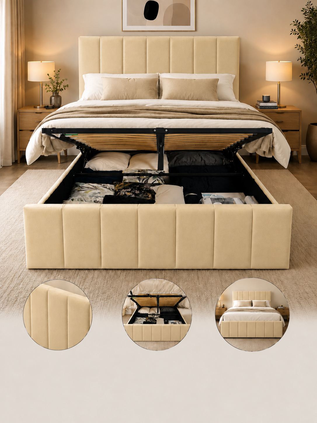 Panelled Gas Lift Ottoman Bed Frame with Floor Standing Headboard in Plush Velvet (3-Year Warranty)