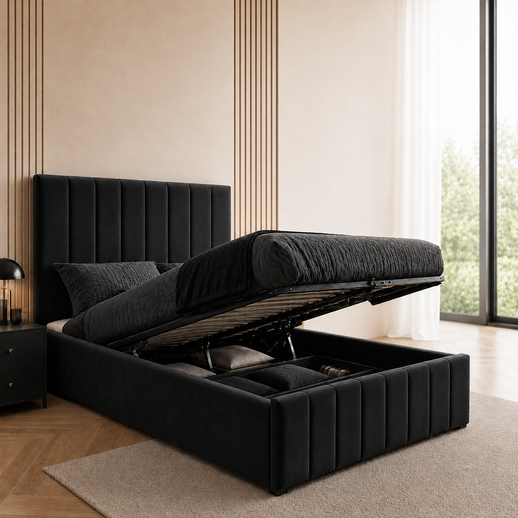 Panelled Gas Lift Ottoman Bed Frame with Floor Standing Headboard in Plush Velvet (3-Year Warranty)