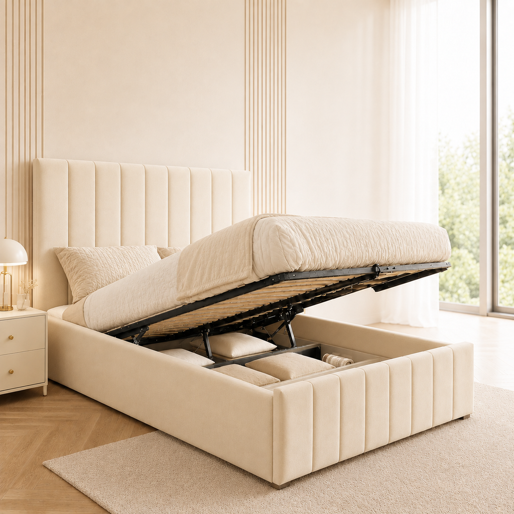 Panelled Gas Lift Ottoman Bed Frame with Floor Standing Headboard in Plush Velvet (3-Year Warranty)