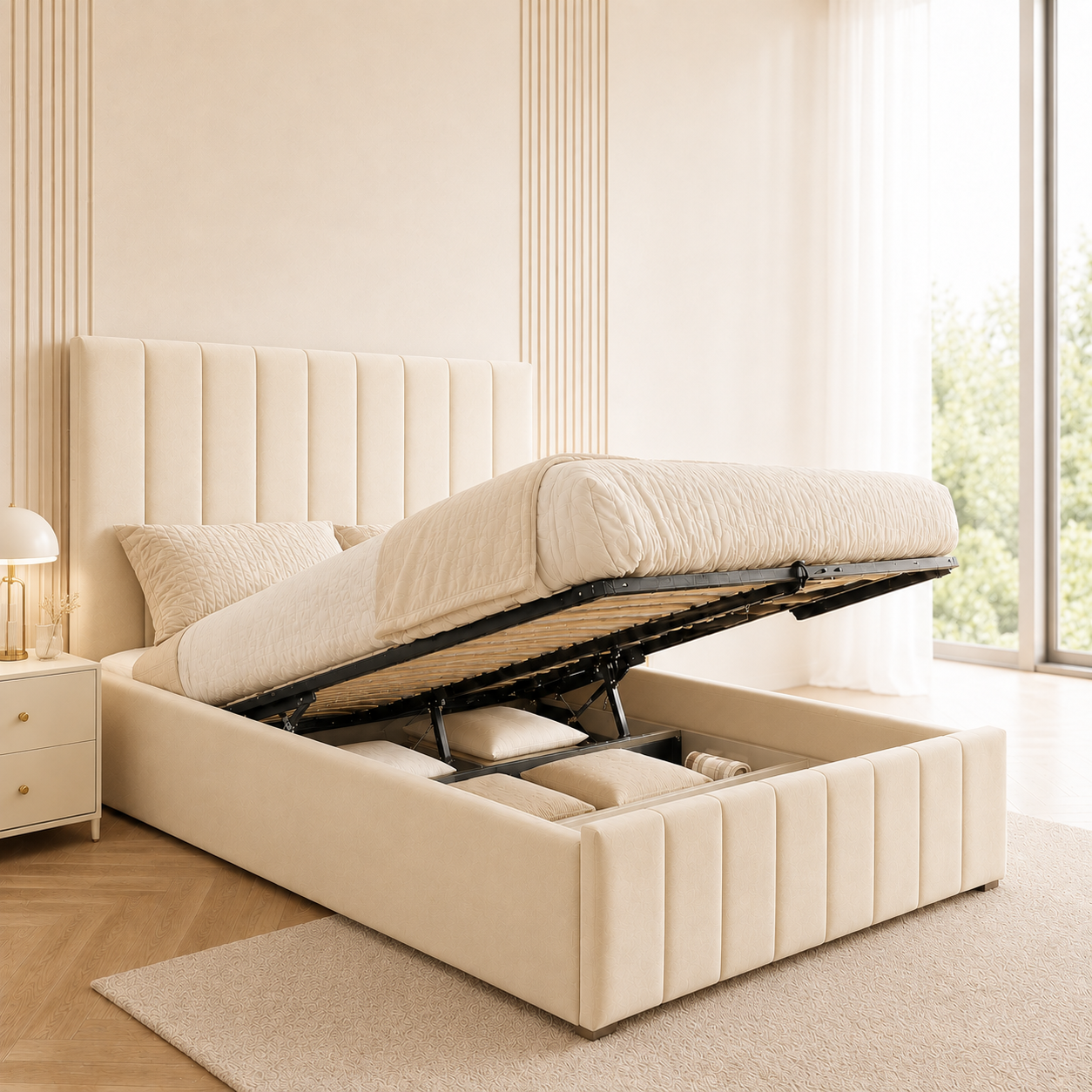 Panelled Gas Lift Ottoman Bed Frame with Floor Standing Headboard in Plush Velvet (3-Year Warranty)