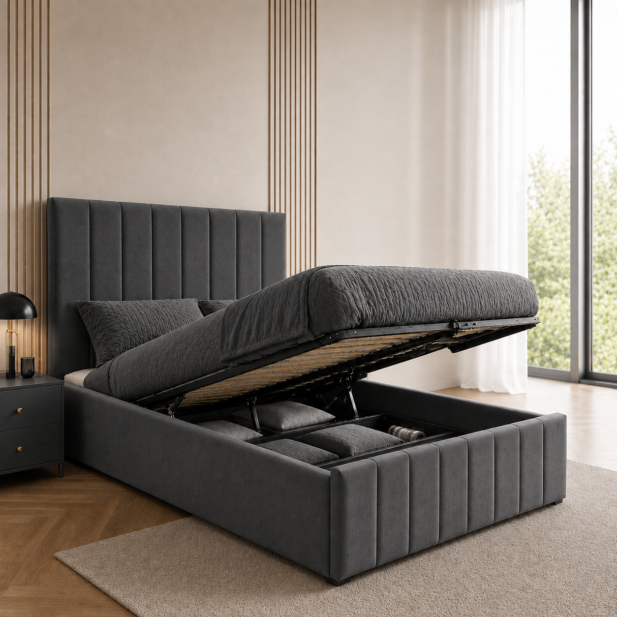 Panelled Gas Lift Ottoman Bed Frame with Floor Standing Headboard in Plush Velvet (3-Year Warranty)