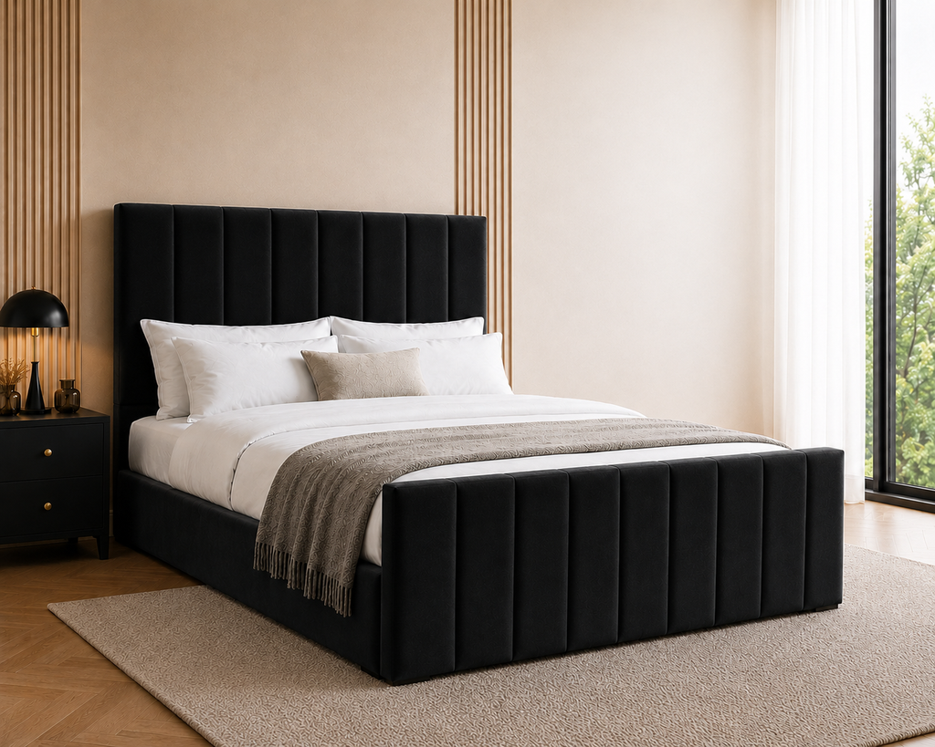 Mayfair Velvet Bed Frame | No Storage | Pinewood Slats | Double & King | Black, Beige, Grey