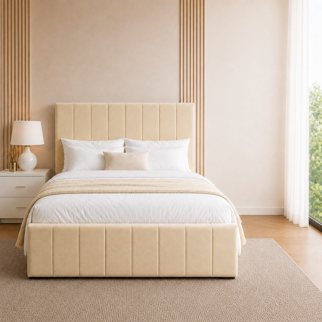 Mayfair Velvet Bed Frame | No Storage | Pinewood Slats | Double & King | Black, Beige, Grey