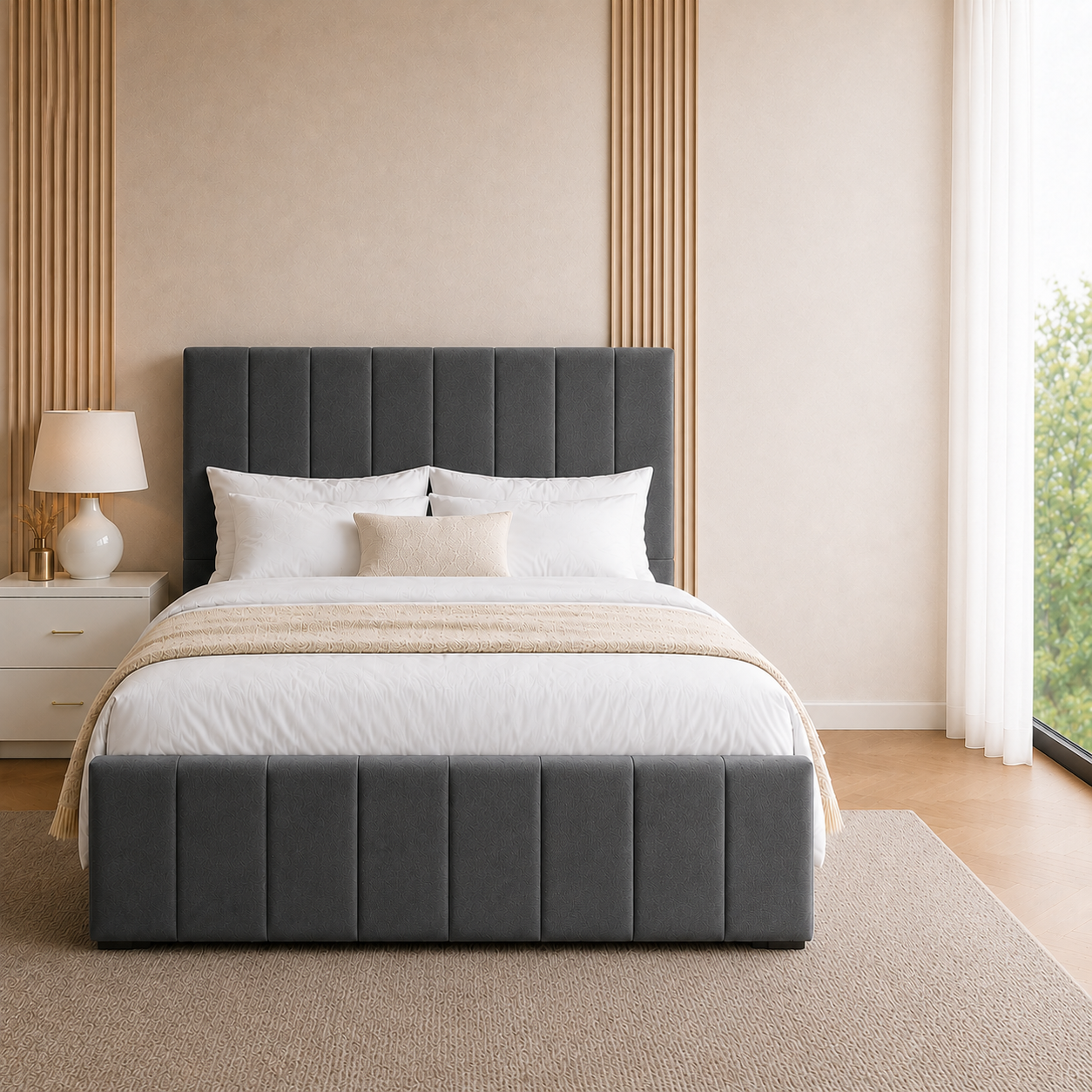 Mayfair Velvet Bed Frame | No Storage | Pinewood Slats | Double & King | Black, Beige, Grey