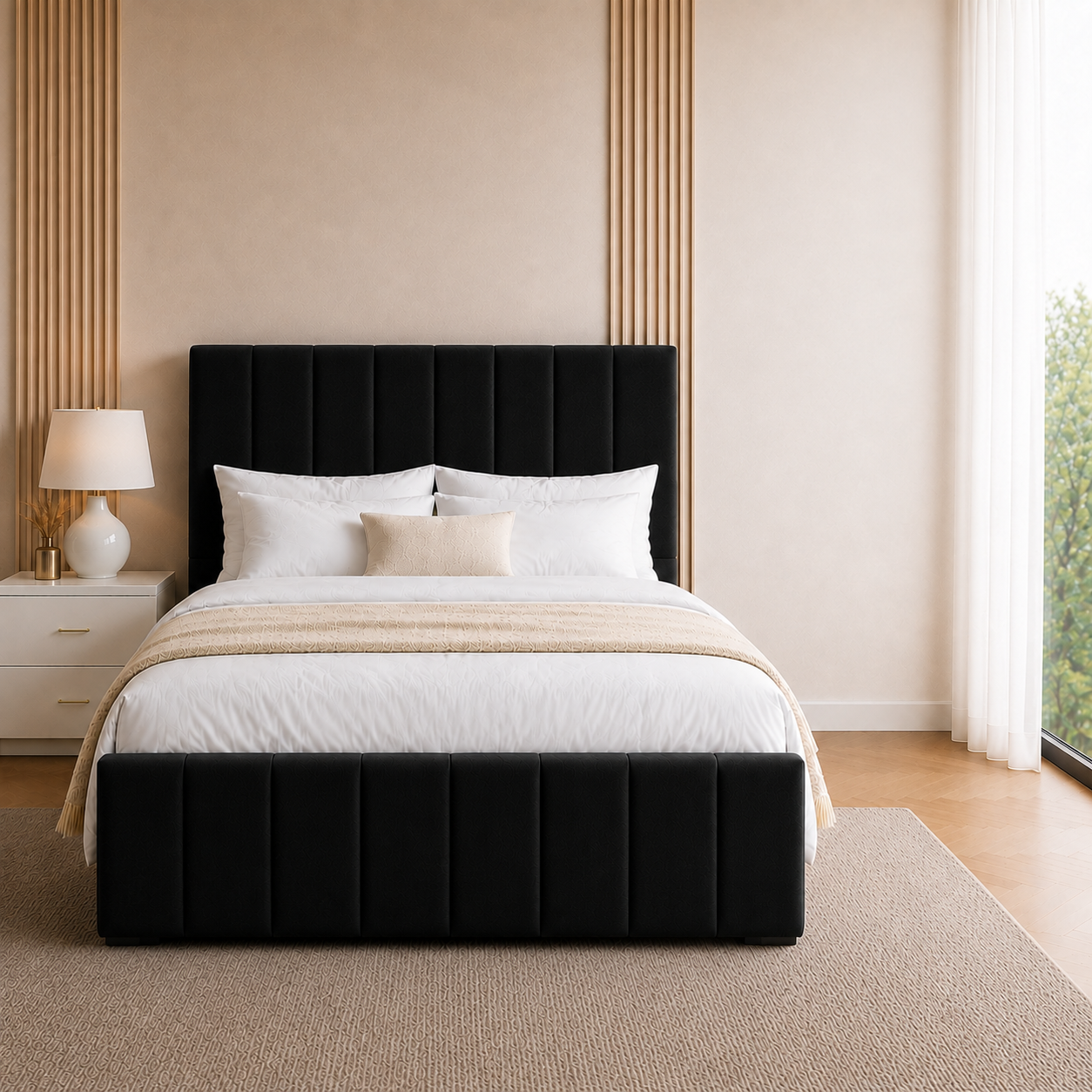 Mayfair Velvet Bed Frame | No Storage | Pinewood Slats | Double & King | Black, Beige, Grey